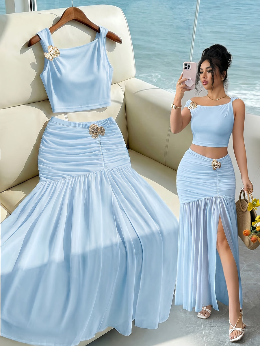 Elegant 2pcs Set for Women, Featuring a Strappy Crop Top and a Slit Maxi Skirt with Metallic Embellishments. The Slim-fit Design Is Perfect for High-end Occasions Such as Dates, Evening Parties, Gatherings, and Vacations - Light Blue