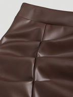Elegant Vintage High-Waisted Pleated Brazilian PU Side Slit Flared A-Line Mini Skirt for Women, Y2K Clothing - Dark Brown