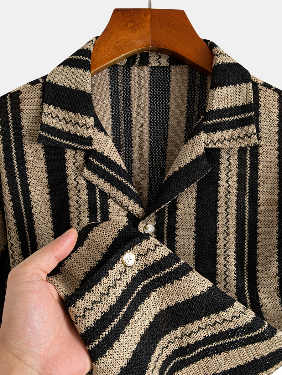 Men'S 3-pc Striped Knit Camp Shirts, Casual Short Sleeve Button- Beach Vacation Tops, Breathable Semi-Sheer Summer Shirts - Brown + White + Green