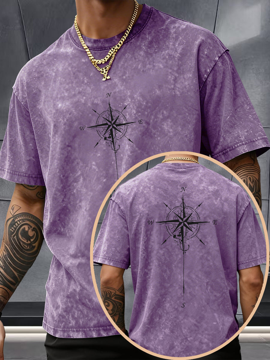 Men's Washed Distressed Pure Cotton Loose Fit Drop Shoulder T-Shirt with Vintage Compass and Anchor Line Graphic Print on Front and Back, Versatile American Streetwear High Street Hip-Hop Style, Couple's Matching Outfit for Streetwear, Daily Outings - Purple