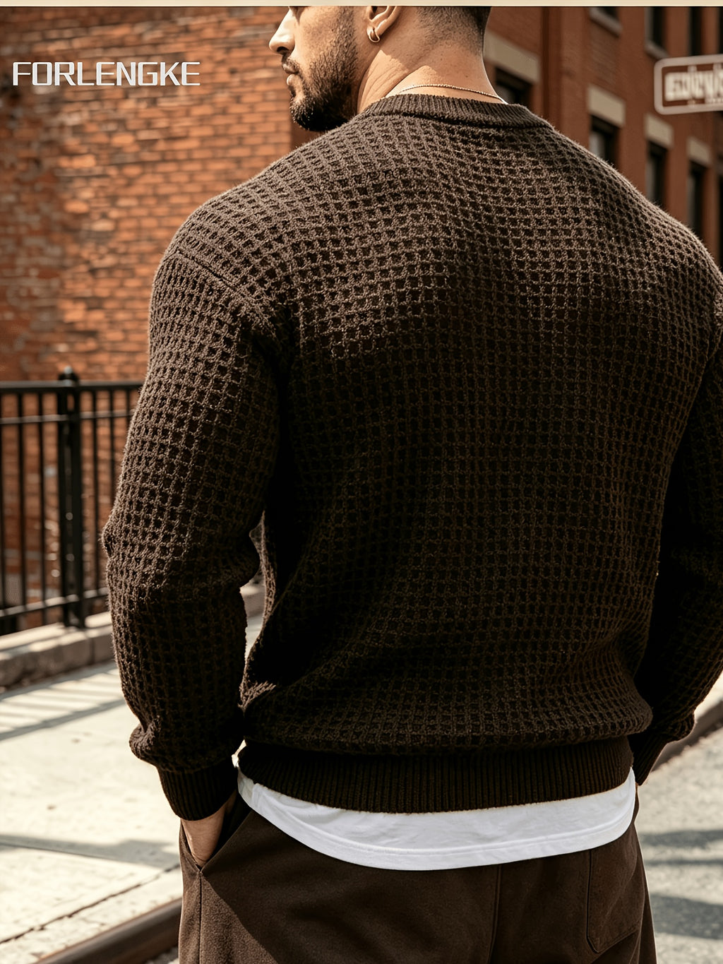 FORLENGKE Autumn/Winter New Arrival Men's Round Neck Waffle Knit Sweater, Three-Dimensional Checkered Weave Texture, Loose Fit Long Sleeve Pullover, Solid Color Basic Style for Daily Streetwear, Commuting, Simple and Versatile, Casual Inner or Outer - Coffee Color