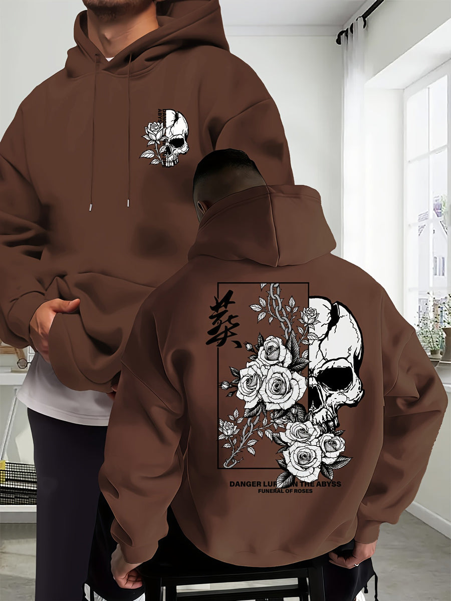 New Trendy Men'S Autumn And Winter Hooded Sweatshirt, Casual Everyday Drawstring Hoodie with Creative Design Print, Kangaroo Pouch Front Pocket, Unisex Tops - Coffee Color