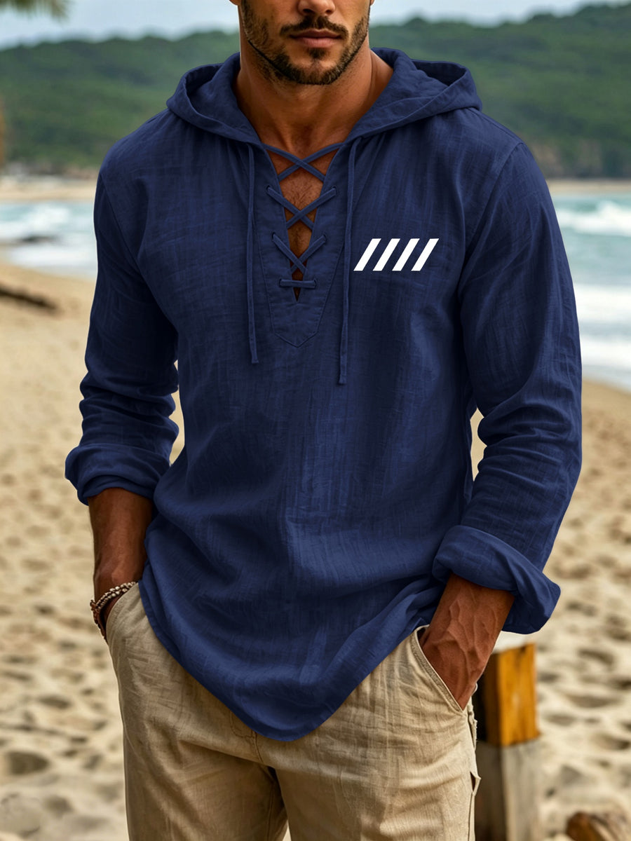 Men's Stylish Linen Hooded Long-sleeve Top Features a Geometric Slash Line Print Across the Chest for a Striking Visual Accent. The Cross-tie V-neck Collar Offers a Distinctive Collar Style, While the Hooded Long Sleeves and Arched Hem Make It - Navy Color