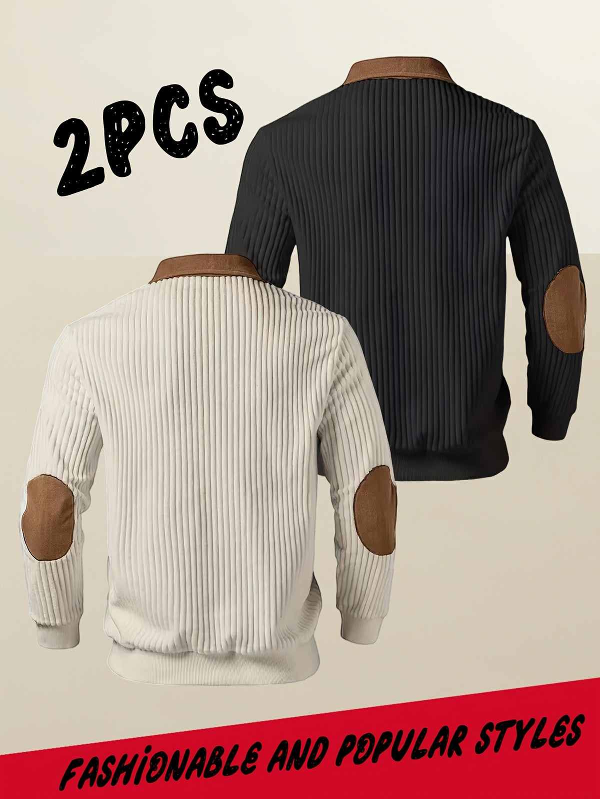 Men's Casual Long Sleeve Lapel Pullover with Patchwork Half-Zip Design, Two-pc, Multiple Colors Available, Men's Outdoor Casual Wear Suitable for Outdoor Sports and Vintage Casual Styling - Apricot+Black