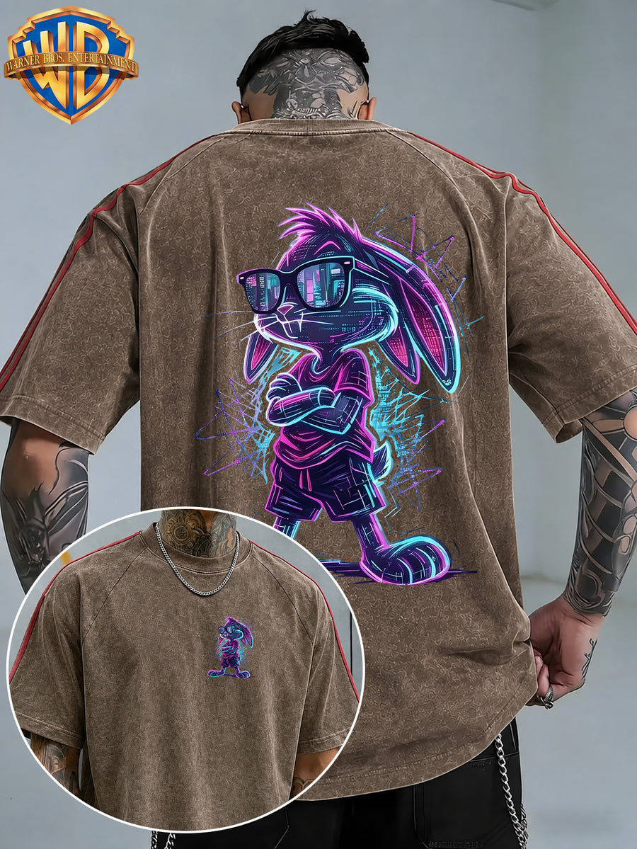 Official Warner Bros. Licensed Product: Neon Effect SEG-Style Arm-Folded Fashion Glasses Cool Back Print Short-Sleeve T-Shirt, Contrast Striped Sleeve Crew Neck Casual Sport Top. Suitable for Outdoor Sports, Gym, Daily Commuting, and Gifting - Coffee Color