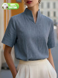 Elegant and Summer New Style Fashionable 100% V-Neck Back Zipper Short Sleeve Everyday Versatile T-Shirt Top ASD1 for Women of Distinguished Temperament - Grey-blue