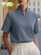 Elegant and Summer New Style Fashionable 100% V-Neck Back Zipper Short Sleeve Everyday Versatile T-Shirt Top ASD1 for Women of Distinguished Temperament - Grey-blue