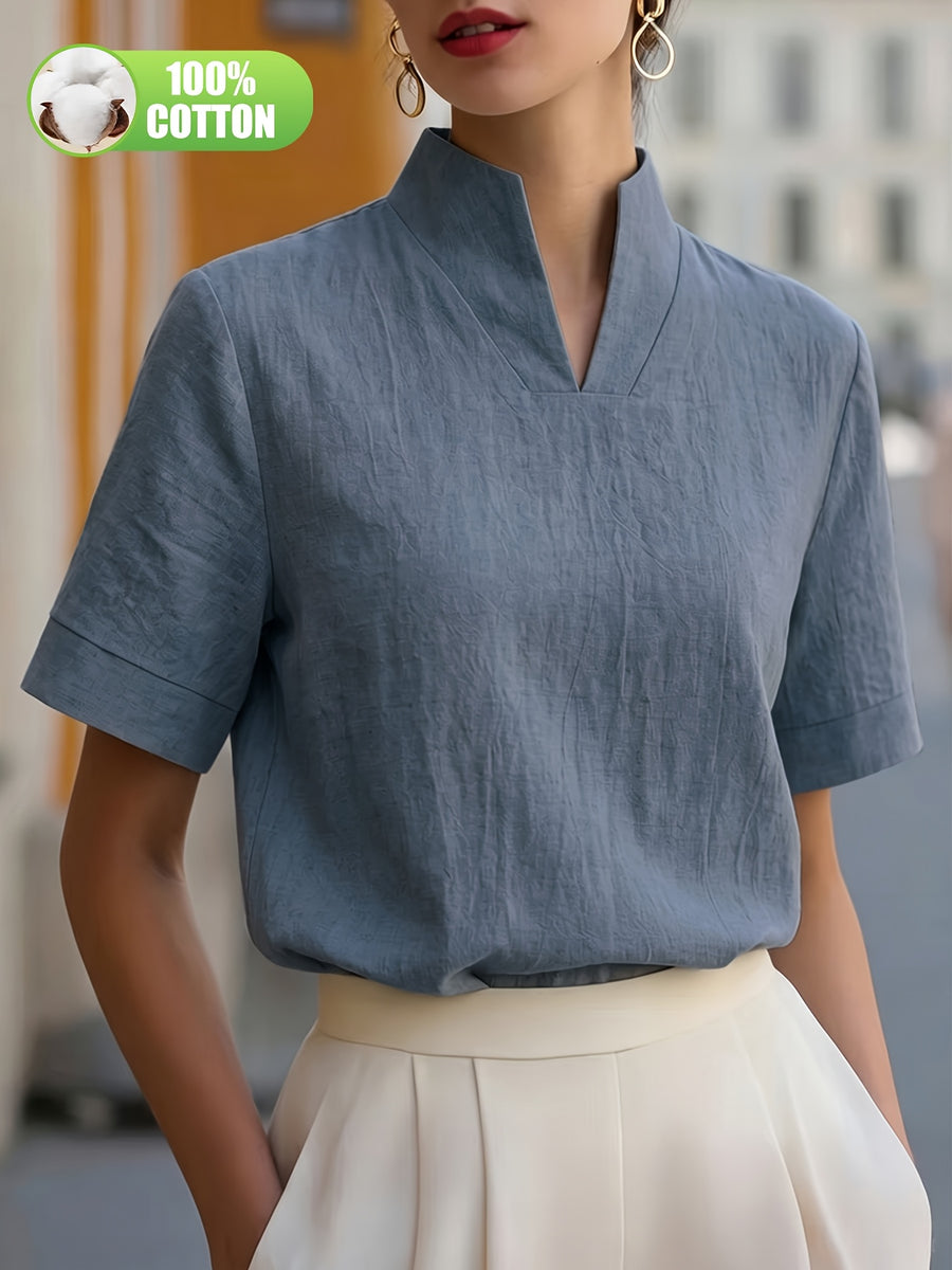 Elegant and Summer New Style Fashionable 100% V-Neck Back Zipper Short Sleeve Everyday Versatile T-Shirt Top ASD1 for Women of Distinguished Temperament - Grey-blue