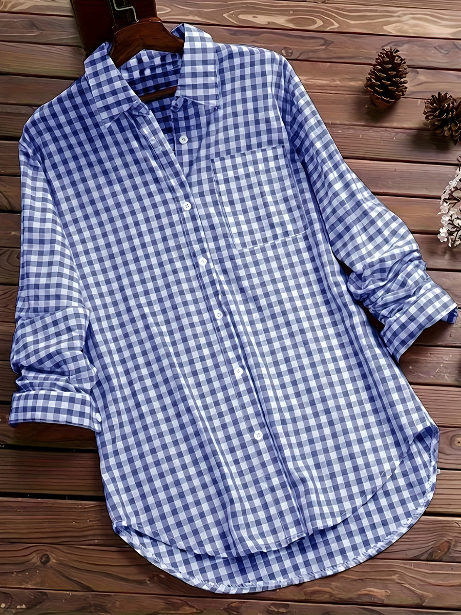 Women'S Spring Summer Casual Retro Commuter Long Sleeve Plaid Shirt - Blue