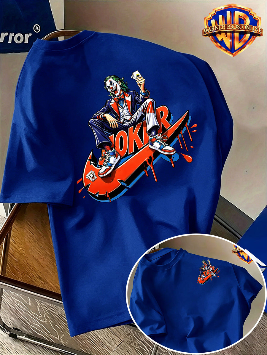 Warner Bros. Authentic Men's 100% Short-Sleeve T-Shirt, Trendy Hip-Hop Character Top, Featuring a Dominant Seated Figure Holding Playing Card Accessories, Adorned with Red-Orange Color-Block Dripping Enamel Paint Patterns, Exceptional Visual Impact - Royal Blue