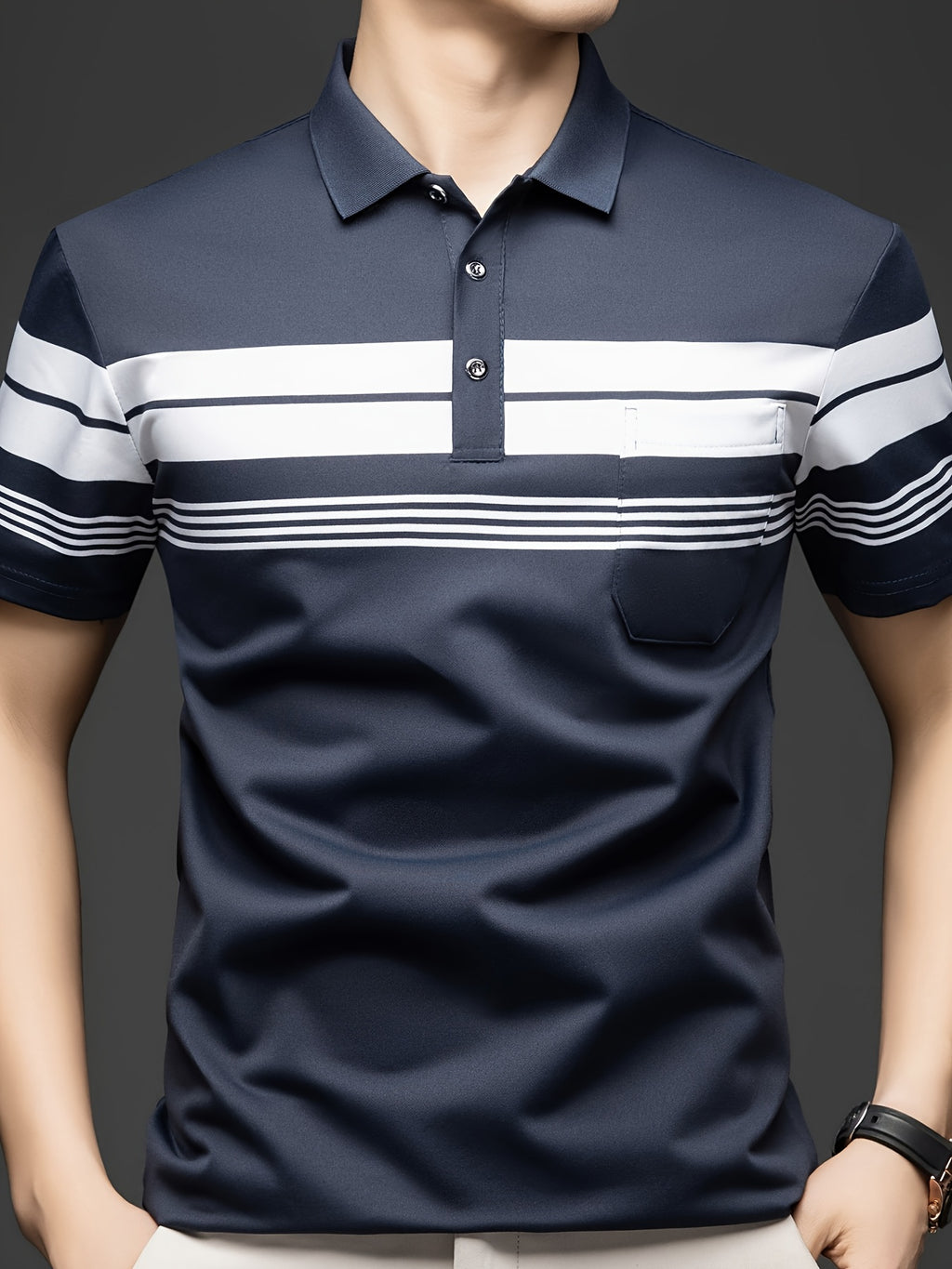New Summer Men's Short-Sleeve T-Shirt, Wrinkle-Free Striped Loose-Fit Polo Shirt, Stylish and Versatile Casual Dad Fit Thin Shirt 26659 - Navy Color