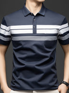 New Summer Men's Short-Sleeve T-Shirt, Wrinkle-Free Striped Loose-Fit Polo Shirt, Stylish and Versatile Casual Dad Fit Thin Shirt 26659 - Navy Color