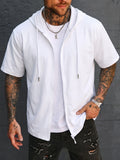 Men's Solid Color Short Sleeve Hooded Zip-Up Cardigan Jacket, Casual Sporty Short Sleeve Hoodie for Daily Commuting, Outerwear Short Sleeve Jacket 2HLT79 - White