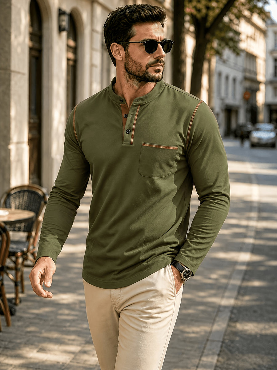 1pc Men'S Long Sleeve Henley Shirt, Stand Collar Slim Fit Casual Top, Solid Color Micro-Elastic Machine Washable Fabric, Contrast Stitching, Pocket Design Suitable for Early Autumn, for Daily, Travel, Dates - fern green