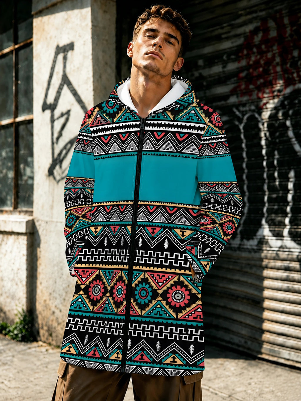 Men'S Ethnic Style Hooded Jacket Autumn Zipper Cardigan Trendy Geometric Pattern Color Block Design Stylish Streetwear Top for Daily Casual Wear - Multicolor