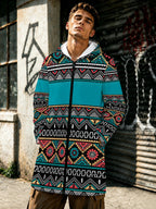 Men'S Ethnic Style Hooded Jacket Autumn Zipper Cardigan Trendy Geometric Pattern Color Block Design Stylish Streetwear Top for Daily Casual Wear - Multicolor