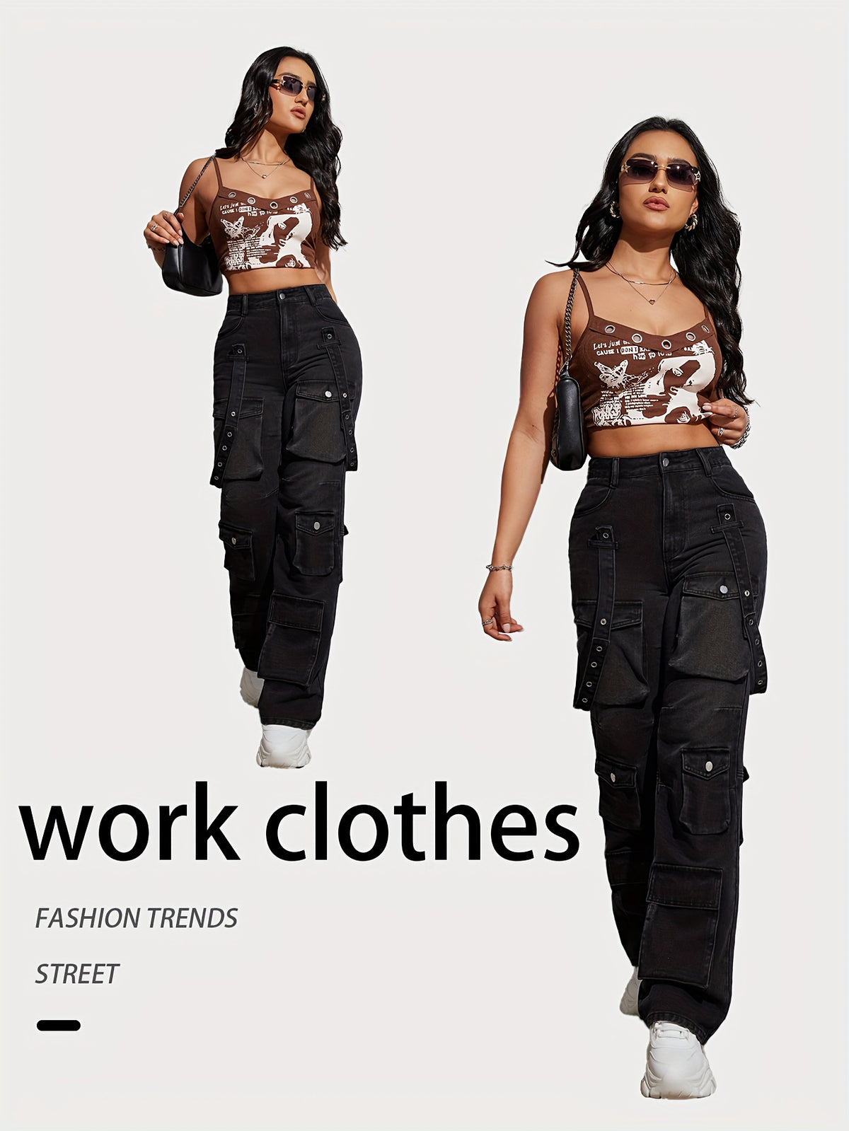 Women's High-Waisted Stretch Denim Cargo Pants with Multiple Pockets - Black Hip Hop Streetwear Style, Straight Leg Fit,, Perfect for Casual Outings, Spring Summer Pants | Cargo Style Jeans | Rugged Denim - Dark Gray