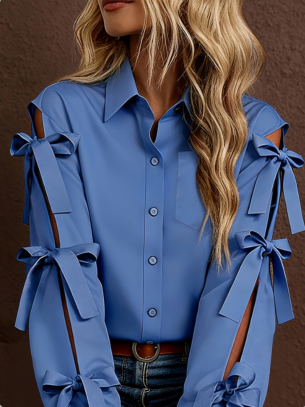 Women'S Solid Color Bow Decorated Long Sleeve Single-Button Shirt, Suitable for Office, Home, Street, And Administration - Blue