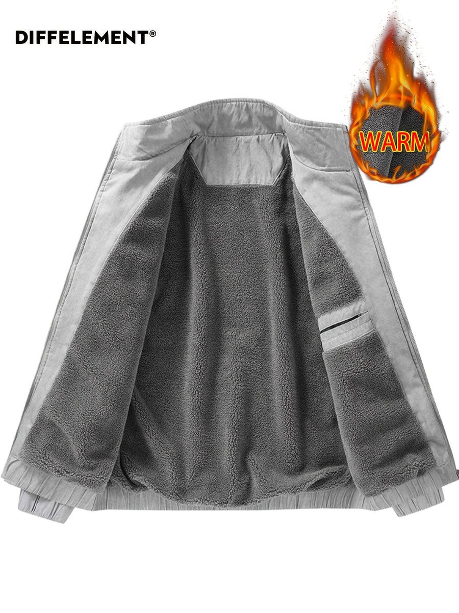 DIFFELEMENT Men's Stand Collar Washed Distressed -Lined Jacket with Inner Lining for Locking in Heat, Cold Resistance, Wear Resistance, Wrinkle Resistance, and Windproof Features. Full Zipper Closure Design with Side Insert Large Pockets - Grey