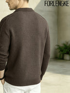 FORLENGKE Men'S Business Casual Lapel V-Neck Knit Sweater, Soft Warm Textured Long Sleeve Pullover Tops for Autumn Winter Office Daily Wear - Coffee Color