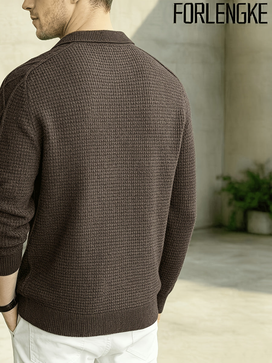 FORLENGKE Men'S Business Casual Lapel V-Neck Knit Sweater, Soft Warm Textured Long Sleeve Pullover Tops for Autumn Winter Office Daily Wear - Coffee Color