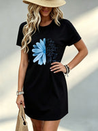 Printed Design Not Textured, Casual Ladies Dress, Blue Flower And Happy Quote Print, Beach Vacation, Gift for Her, 100 Percent - Black