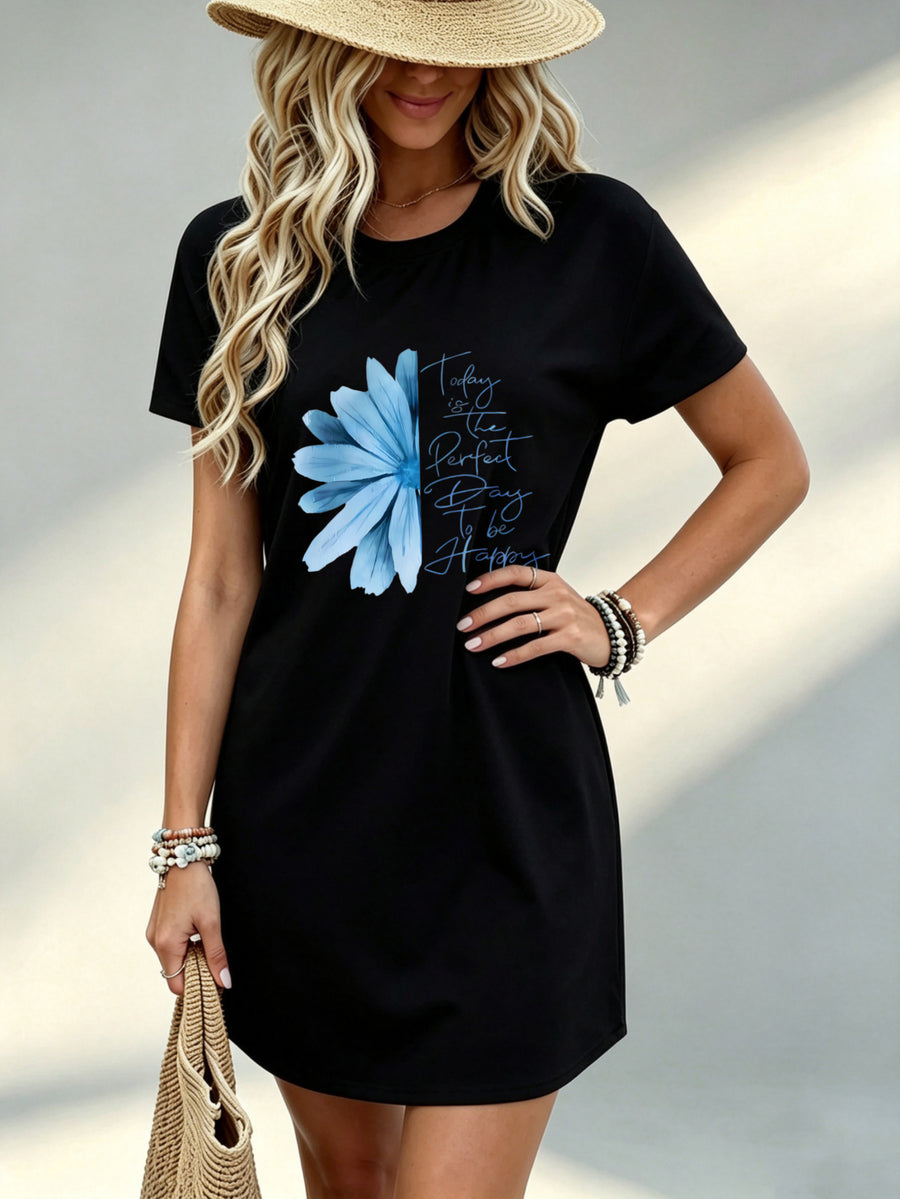 Printed Design Not Textured, Casual Ladies Dress, Blue Flower And Happy Quote Print, Beach Vacation, Gift for Her, 100 Percent - Black