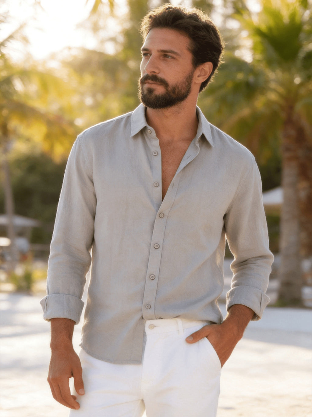 Single Piece Loose and Comfortable Men's Long Sleeved Shirt, with a Simple and Versatile Solid Color Style, Button Opening and Closing Design, Suitable for Casual Daily Wear. - Grey