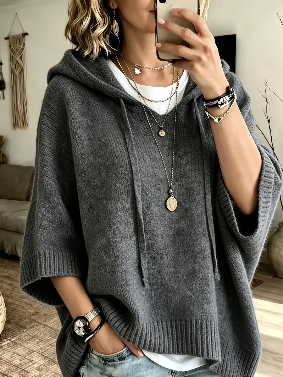 Women's Elegant Casual Three-Quarter Sleeve Drawstring Hooded Sweatshirt - Dark Gray