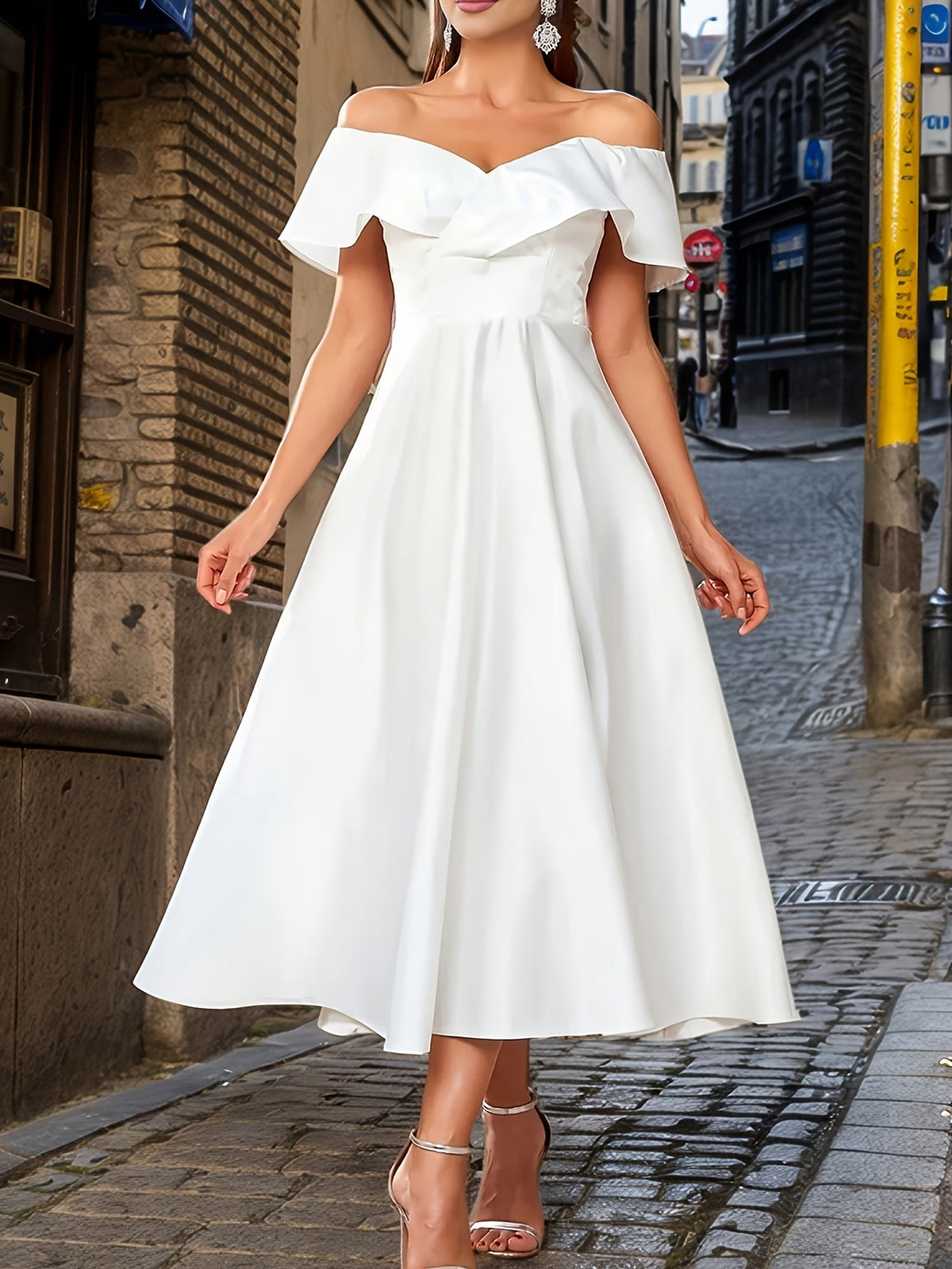 White Off-The-Shoulder Ruffle Midi Dress Women'S Waist-Cinching Large Swing Temperament Elegant Banquet Dress Ladies Dress - Ivory White