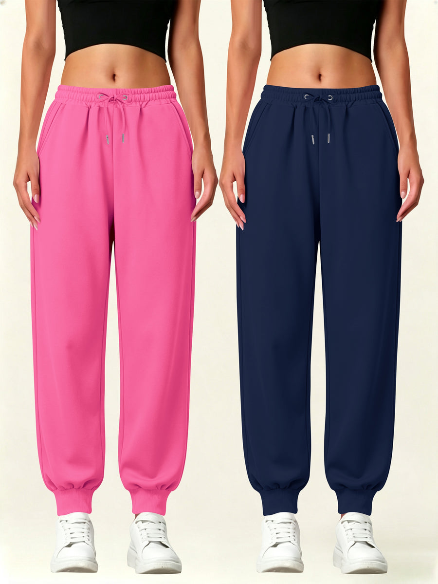 2pcs Set Autumn-Winter Women's Casual Pants with Pockets - Pink+Navy Blue