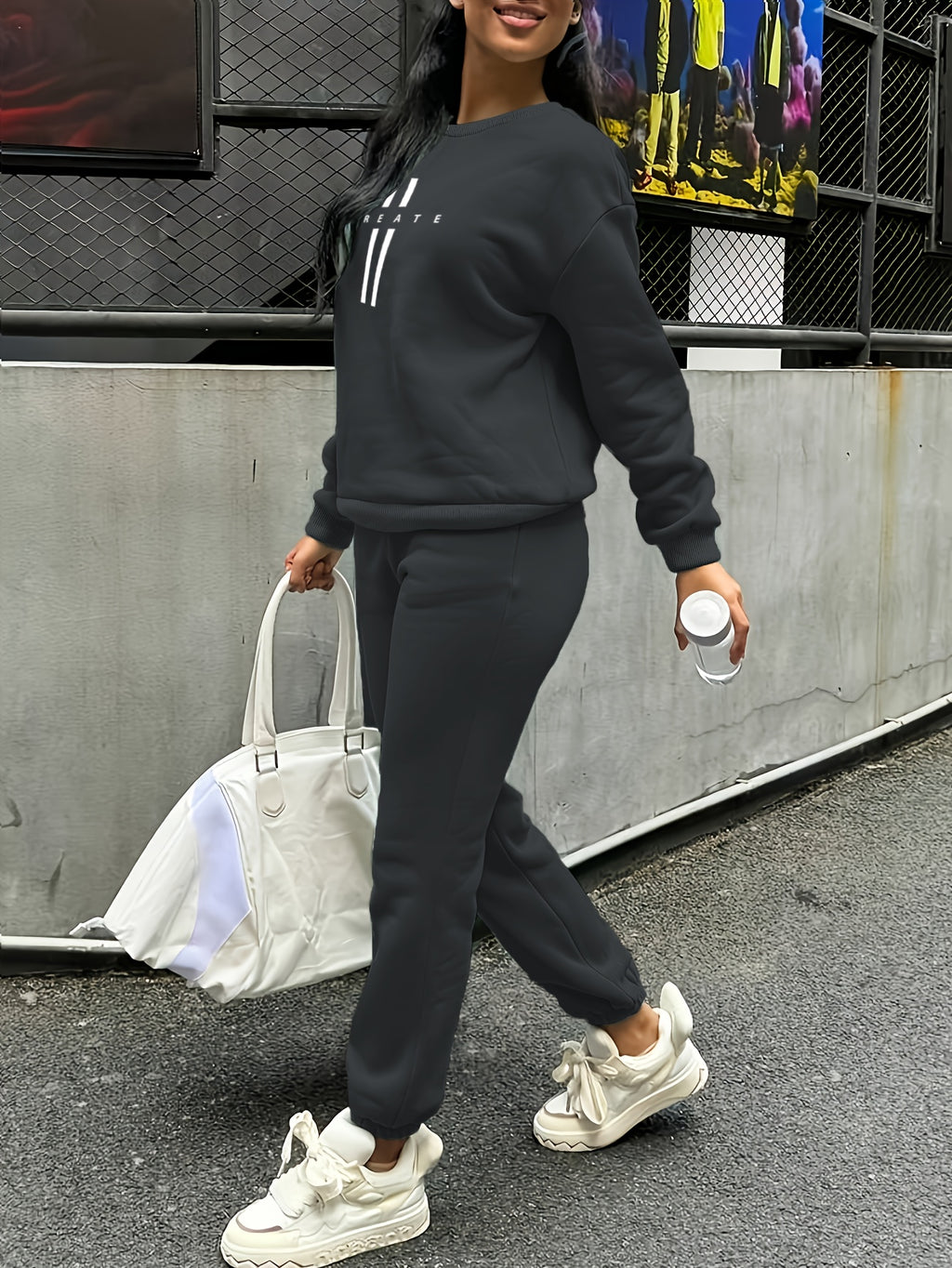 Women'S Autumn Winter Two-Piece Set, Easy Pattern Sweatshirt And Jogger Pants - Dark Gray