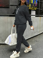 Women'S Autumn Winter Two-Piece Set, Easy Pattern Sweatshirt And Jogger Pants - Dark Gray