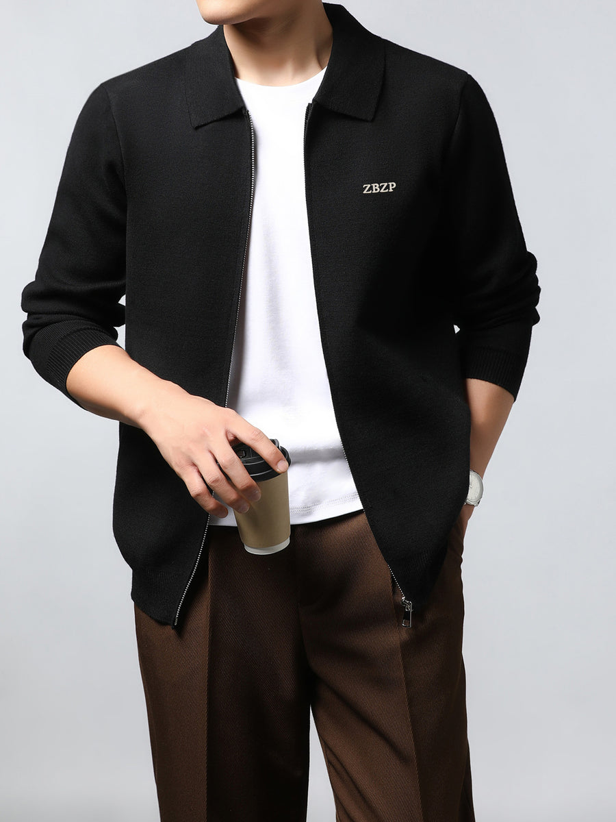 ZBZP Autumn/Winter Knitted Three-Dimensional Solid Color Lapel Sweater, Basic Knit Cardigan, Men's Fashion Knitwear Long-Sleeve Outerwear - Black