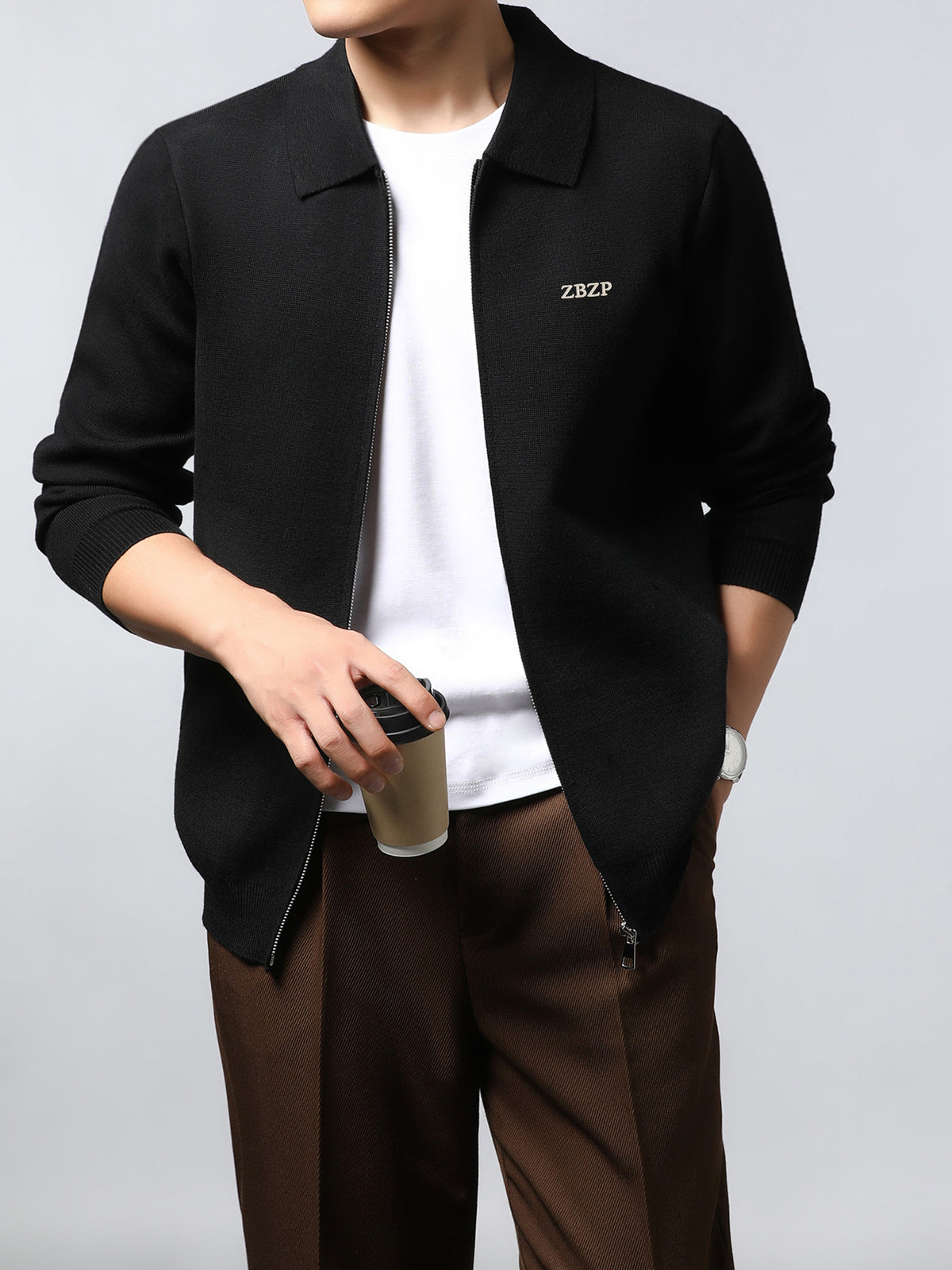 ZBZP Autumn/Winter Knitted Three-Dimensional Solid Color Lapel Sweater, Basic Knit Cardigan, Men's Fashion Knitwear Long-Sleeve Outerwear - Black