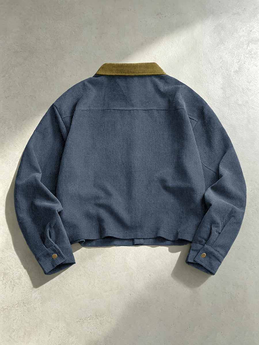 Men'S Solid Color Lapel Corduroy Striped Cardigan, Autumn Winter Fashion Contrast Jacket Top, Zippered Pocket on Chest, Button-Front Design, Seasonal Warm Casual Outerwear, Suitable for Daily Casual Wear And Outings - Blue