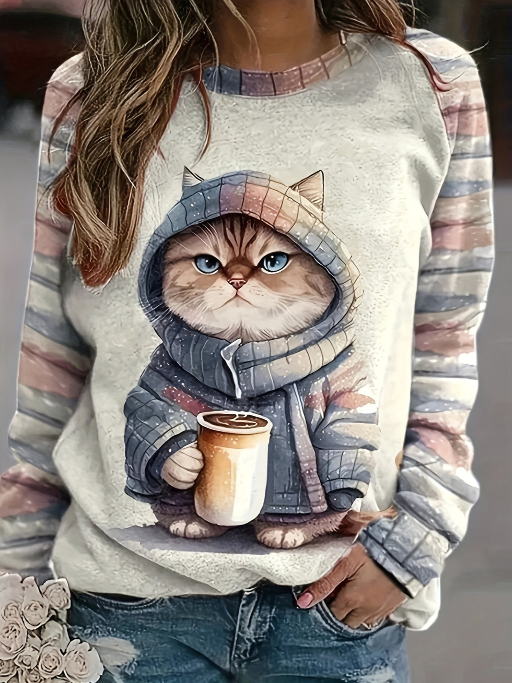 Kitten Print Crew Neck Sweatshirt, Casual Long Sleeve Drop Shoulder Sweatshirt, Women's Clothing - Apricot
