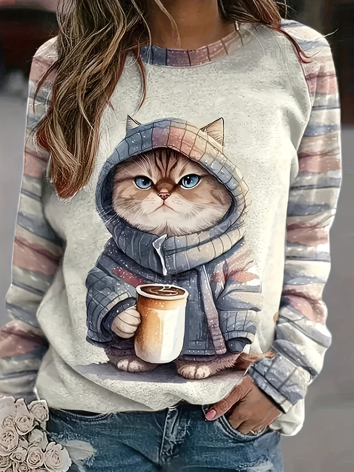 Kitten Print Crew Neck Sweatshirt, Casual Long Sleeve Drop Shoulder Sweatshirt, Women's Clothing - Apricot