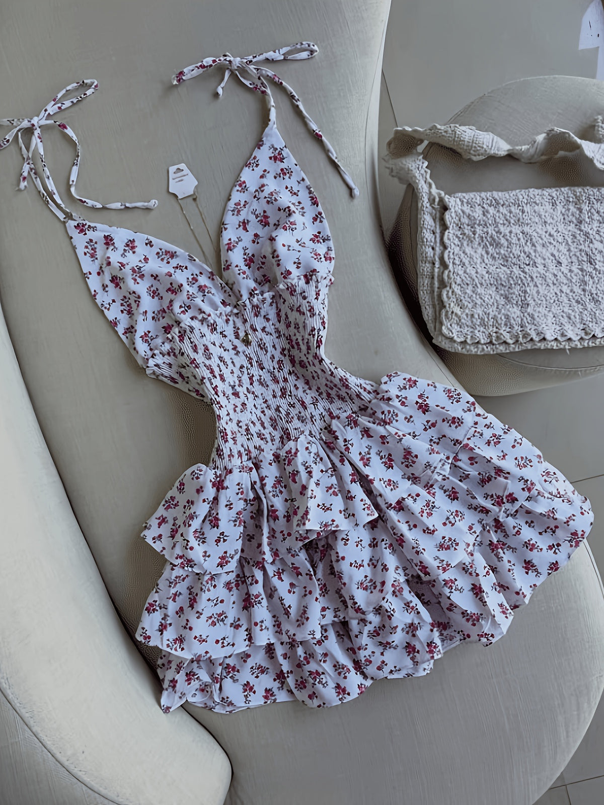 Women's Small Floral Print Spaghetti Suspender Dress - White
