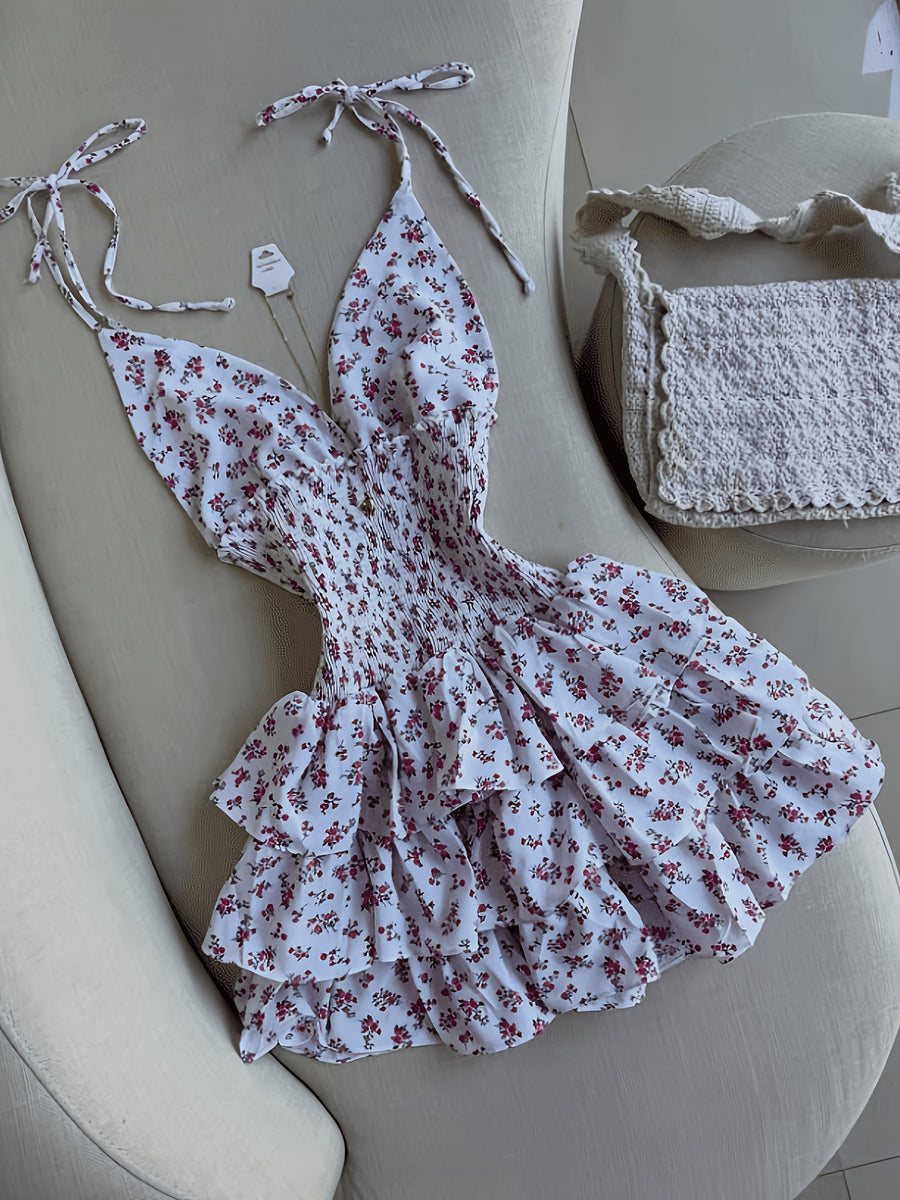 Women's Small Floral Print Spaghetti Suspender Dress - White