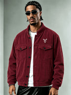 Men'S Corduroy Jacket, Autumn Winter Retro Stand Collar Long Sleeve Coat, Double Pocket Cow Head Print Cargo Casual Top, Loose All-Match Street Style Men'S Jacket - Burgundy