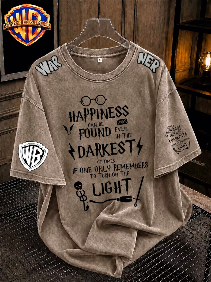 Warner Bros 100% Cotton Men's Short-Sleeve T-Shirt,  Themed Magic Element Print, Fashionable Loose-Fit Breathable Short-Sleeve Tee, Men's Summer Streetwear Distressed Short-Sleeve Vintage Trend, Suitable for Daily Wear, Men's Fashionable  Print - Coffee Color