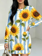 Women's Sunflower Stripes All-Over Print Maxi Dress - Long Sleeve A-Line Dress with Crew Neck & Straight Hem, -Compatible for Commuting, Home, Dating | Fall/Winter Casual Wear Suitable for Commute, Home & Dating, Non- Dress - Multicolor