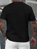 Men's Summer Casual Textured Short-Sleeve T-Shirt, Breathable Textured Jacquard Crew Neck Henley Shirt with Buttons, Regular Fit Suitable for Outdoor and Daily Wear, Men's Textured Short-Sleeve Henley Shirt - Black