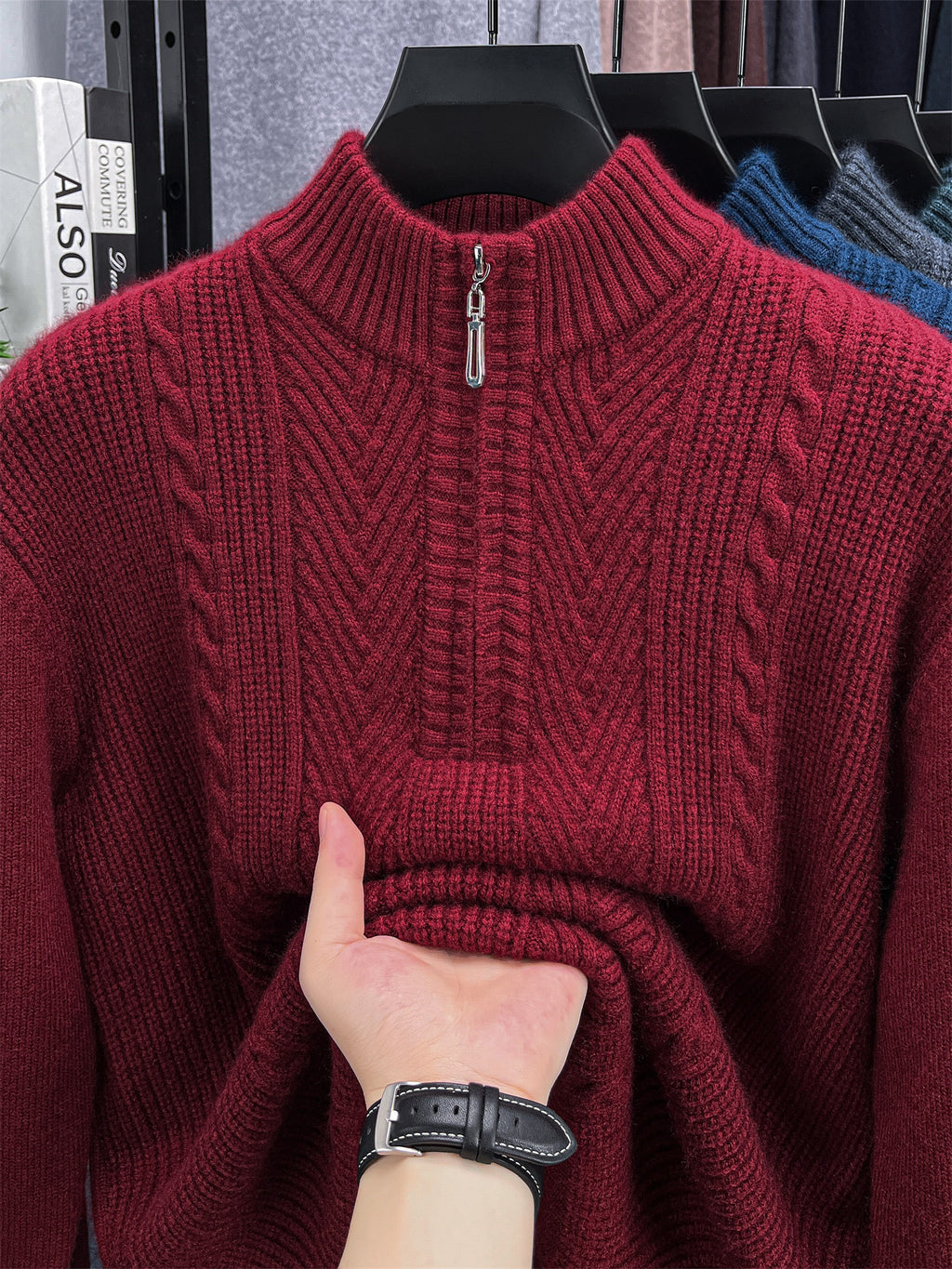 Men's Solid Color Knit Sweater Half-Zip Crew Neck Pullover - Warm Winter Sweater Suitable for Fall/Winter, Casual Long Sleeve Knitwear, Basic Solid Color Sweater for Office & Casual Attire, All Sizes Available - Burgundy color