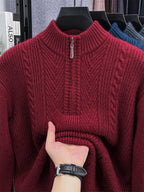 Men's Solid Color Knit Sweater Half-Zip Crew Neck Pullover - Warm Winter Sweater Suitable for Fall/Winter, Casual Long Sleeve Knitwear, Basic Solid Color Sweater for Office & Casual Attire, All Sizes Available - Burgundy color
