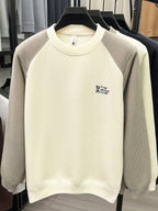 Men'S Color-Block Fleece Sweater Autumn Winter Thick Warm Knit Round Neck Pullover - Beige Color