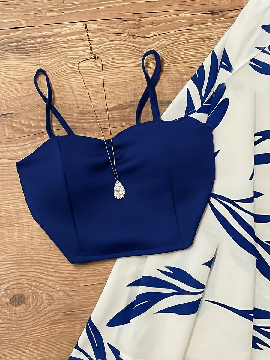 Women'S Spring Autumn Elegant Lace-Up Skirt And Cami Top 2pcs Set - Blue