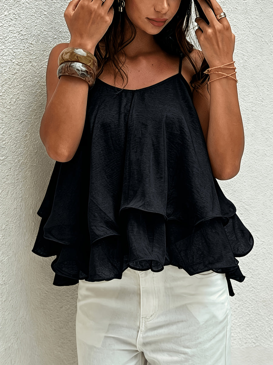 Summer New Women'S Cami Vest, Double-Layer Ruffled A-Line Backless Design, Holiday Vacation, Party, Wedding, Easter, Date Night, And LLDX - Black