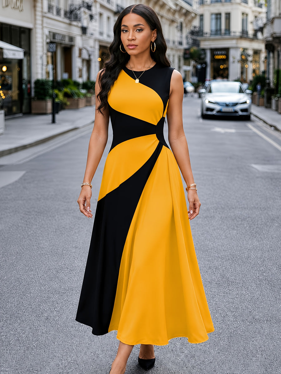 Summer Women's Elegant Color-Blocked Round Neck Sleeveless Dress, Black and Yellow Contrast Waist-Cinching Flared Maxi Dress, Suitable for Commuting, Parties, Dinners, and Vacation Wear - Yellowish-brown
